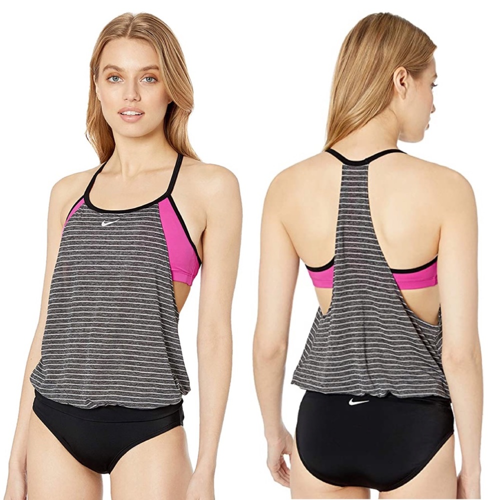 Nike Striped Fuchsia & Gray Tankini Swim Set